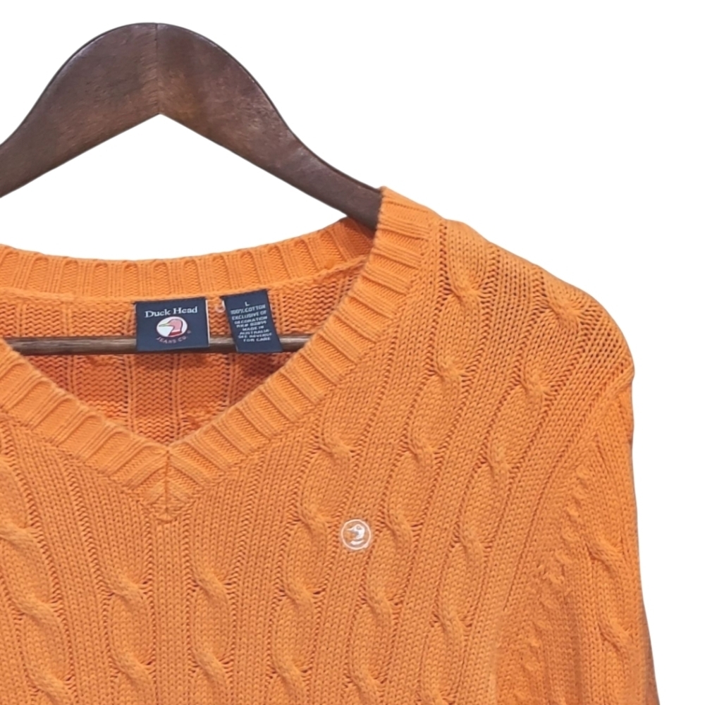 Duck Head Cable Knit V-Neck Cotton Preppy Sweater Large - Picture 3 of 6